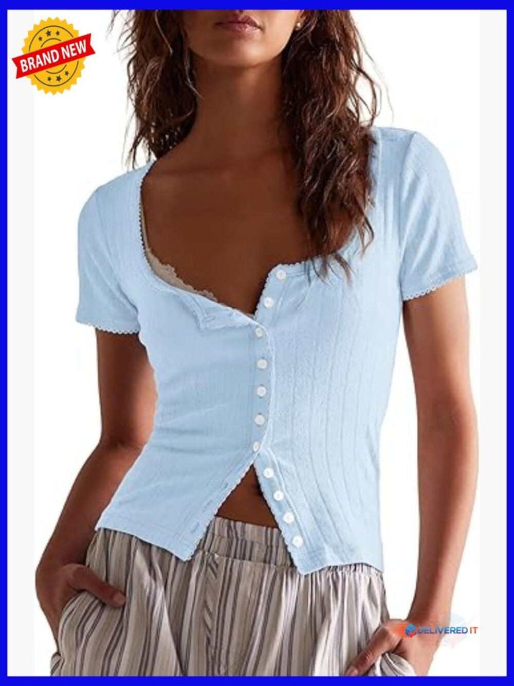 Ribbed Knit Button Down Square Neck Short Sleeve Top Y2K Fitted Tee